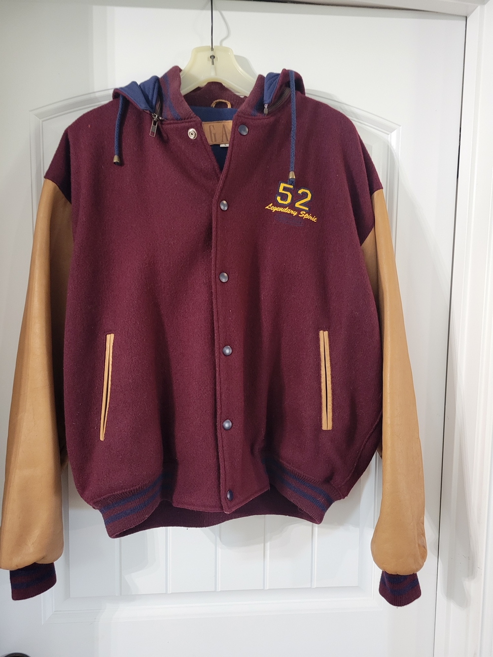 Vintage 90s GAP "LEGENDARY SPIRIT 52" Burgundy Hooded Varsity Jacket